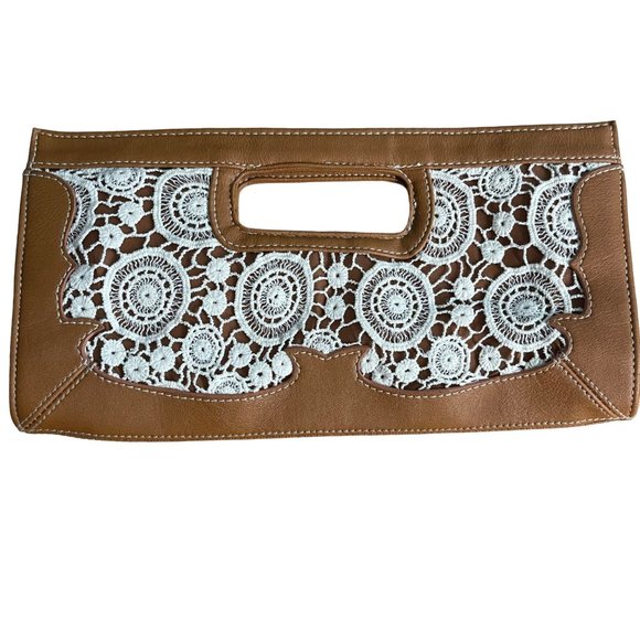 Tan Faux Leather Cream/White Lace Doilies Clutch Handbag Zipper 2 Button Close - Picture 1 of 6